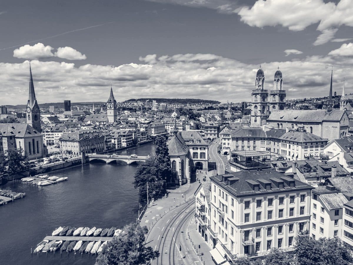 Aerial view of Zurich with the Limmat river and the Grossmünster